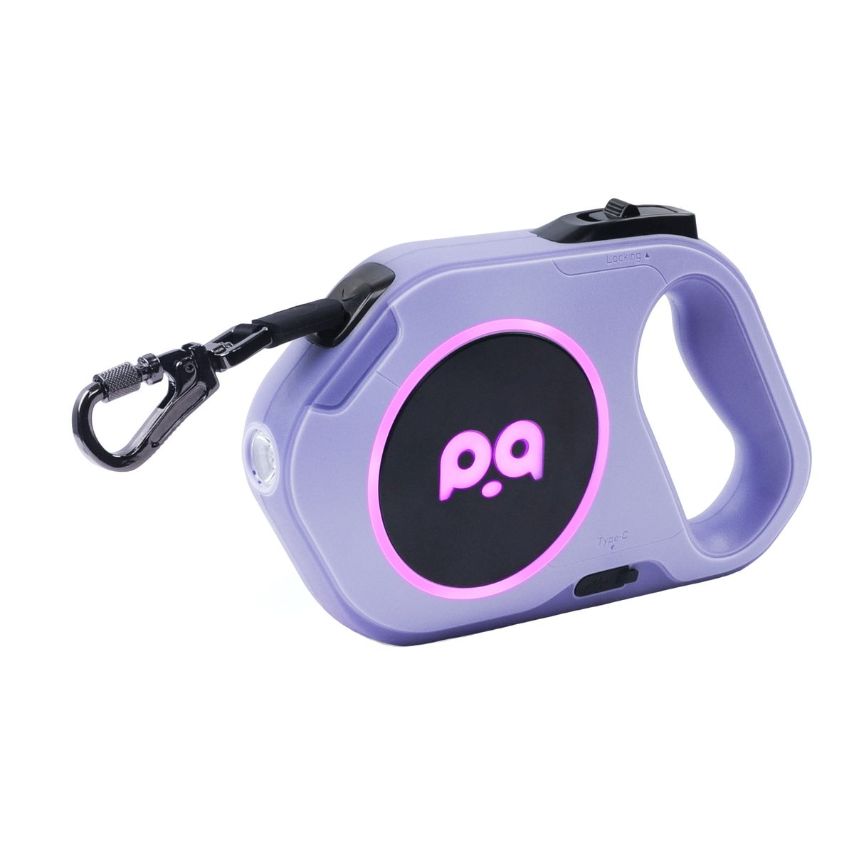 QQPETS retractable dog leash with light showing the housing, handle, leash connection, and illumination system